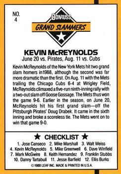 1989 Donruss - Grand Slammers #4 Kevin McReynolds Back