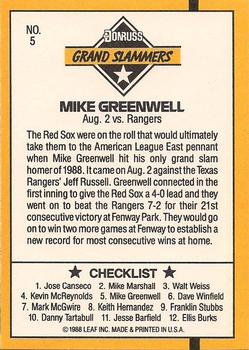1989 Donruss - Grand Slammers #5 Mike Greenwell Back