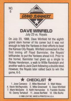 1989 Donruss - Grand Slammers #6 Dave Winfield Back