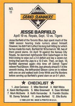 1989 Donruss - Grand Slammers #11 Jesse Barfield Back