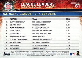 2015 Topps #61 National League ERA Leaders (Clayton Kershaw / Johnny Cueto / Adam Wainwright) Back