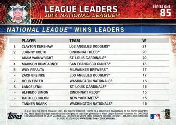 2015 Topps #85 National League Wins Leaders (Clayton Kershaw / Johnny Cueto / Adam Wainwright) Back
