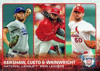 2015 Topps #85 National League Wins Leaders (Clayton Kershaw / Johnny Cueto / Adam Wainwright) Front