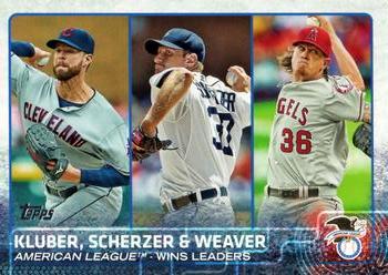 2015 Topps #214 American League Wins Leaders (Corey Kluber / Max Scherzer / Jered Weaver) Front