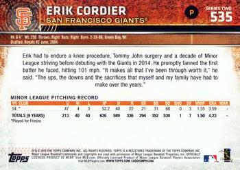 2015 Topps #535 Erik Cordier Back