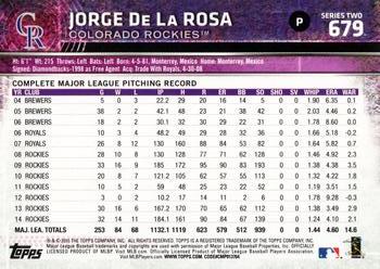 2015 Topps #679 Jorge De La Rosa Back