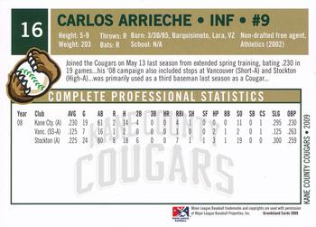 2009 Grandstand Kane County Cougars #16 Carlos Arrieche Back