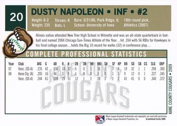 2009 Grandstand Kane County Cougars #20 Dusty Napoleon Back
