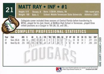 2009 Grandstand Kane County Cougars #21 Matt Ray Back