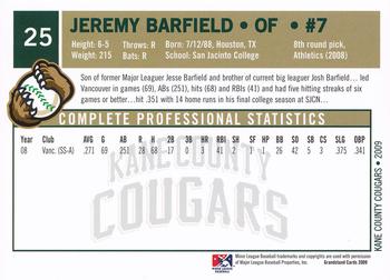 2009 Grandstand Kane County Cougars #25 Jeremy Barfield Back
