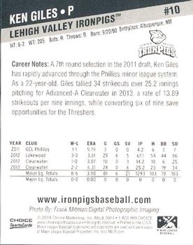 2014 Choice Lehigh Valley IronPigs #10 Ken Giles Back