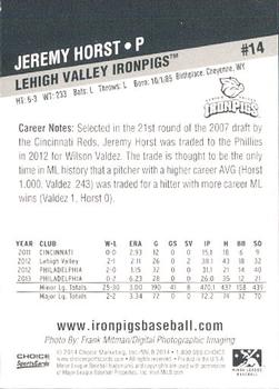 2014 Choice Lehigh Valley IronPigs #14 Jeremy Horst Back