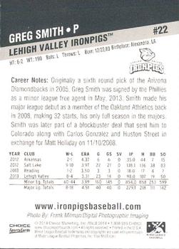 2014 Choice Lehigh Valley IronPigs #22 Greg Smith Back