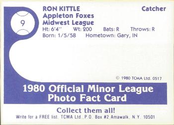 1980 TCMA Appleton Foxes #9 Ron Kittle Back