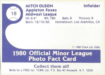 1980 TCMA Appleton Foxes #18 Mitch Olson Back