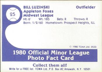 1980 TCMA Appleton Foxes #25 Bill Luzinski Back