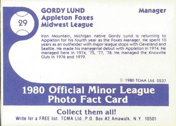 1980 TCMA Appleton Foxes #29 Gordy Lund Back