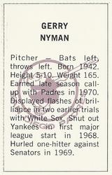 1971 Dell Today's Team Stamps #NNO Gerry Nyman Back