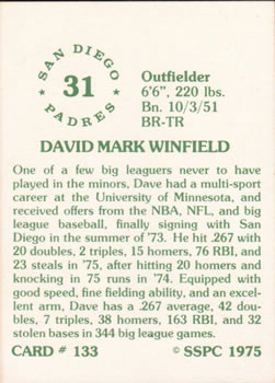 1976 SSPC #133 Dave Winfield Back