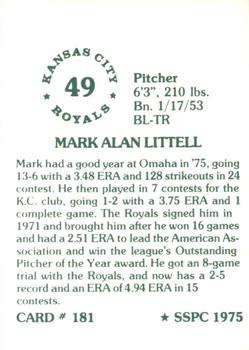 1976 SSPC #181 Mark Littell Back