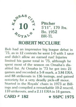 1976 SSPC #182 Bob McClure Back