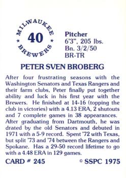 1976 SSPC #245 Pete Broberg Back