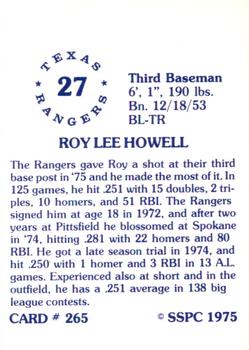 1976 SSPC #265 Roy Howell Back