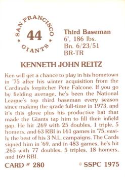 1976 SSPC #280 Ken Reitz Back