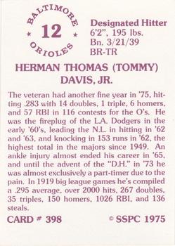1976 SSPC #398 Tommy Davis Back