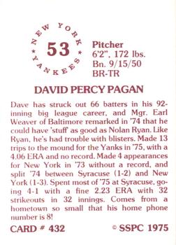 1976 SSPC #432 Dave Pagan Back