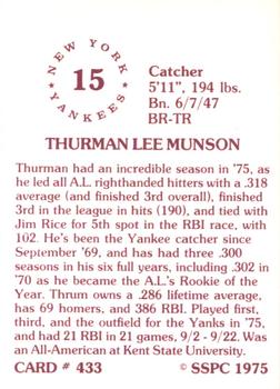1976 SSPC #433 Thurman Munson Back