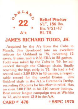 1976 SSPC #478 Jim Todd Back