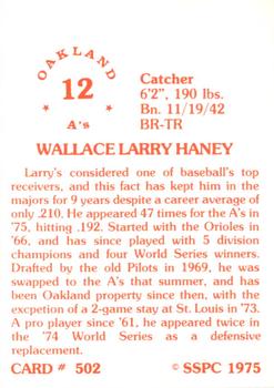 1976 SSPC #502 Larry Haney Back