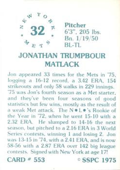 1976 SSPC #553 Jon Matlack Back