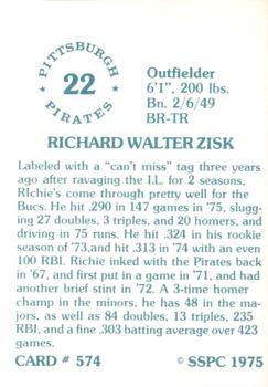 1976 SSPC #574 Richie Zisk Back