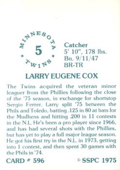 1976 SSPC #596 Larry Cox Back