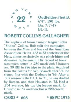 1976 SSPC #608 Bob Gallagher Back