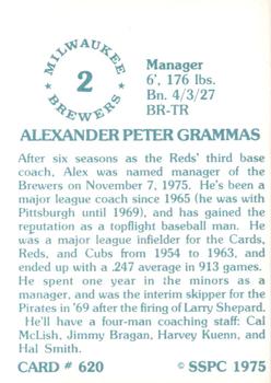1976 SSPC #620 Alex Grammas Back