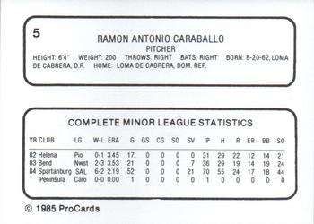 1985 ProCards Reading Phillies #5 Ramon Caraballo Back