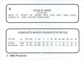 1985 ProCards Reading Phillies #6 Kevin Ward Back