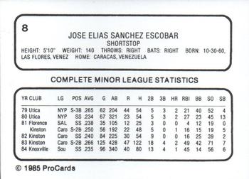 1985 ProCards Reading Phillies #8 Jose Escobar Back