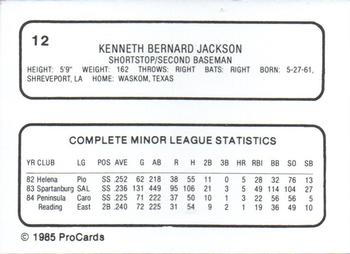 1985 ProCards Reading Phillies #12 Ken Jackson Back