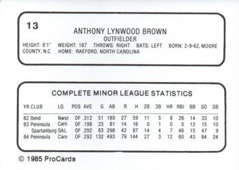 1985 ProCards Reading Phillies #13 Tony Brown Back