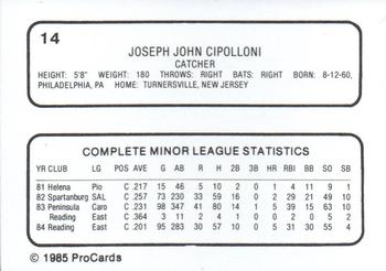1985 ProCards Reading Phillies #14 Joe Cipolloni Back