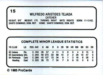 1985 ProCards Reading Phillies #15 Wilfredo Tejada Back