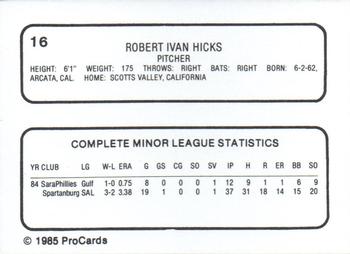 1985 ProCards Reading Phillies #16 Rob Hicks Back