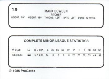 1985 ProCards Reading Phillies #19 Mark Bowden Back