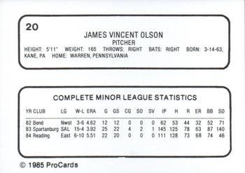 1985 ProCards Reading Phillies #20 Jim Olson Back