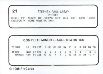 1985 ProCards Reading Phillies #21 Steve Labay Back