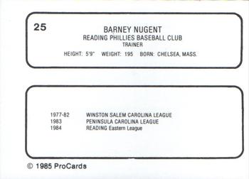 1985 ProCards Reading Phillies #25 Barney Nugent Back